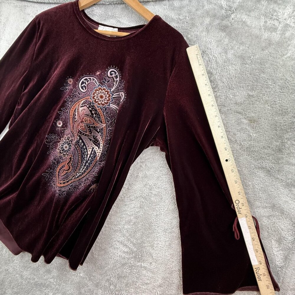 Vintage Casual Land Shirt Women One Size Red Paisley Velour Slit Sleeve Boho Top - Picture 10 of 16